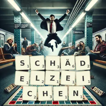 Kreative Illustration für ein Scrabble-Spiel, bei dem das Wort SCHÄDELZEICHEN mit Steinen auf dem Brett gelegt wurde.