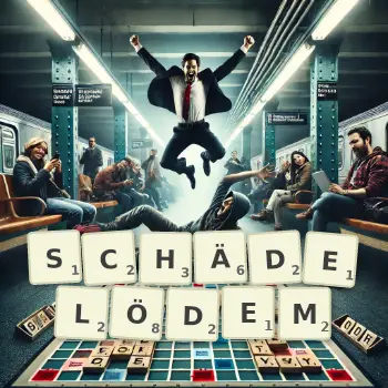 Kreative Illustration für ein Scrabble-Spiel, bei dem das Wort SCHÄDELÖDEM mit Steinen auf dem Brett gelegt wurde.