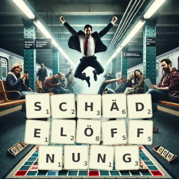Kreative Illustration für ein Scrabble-Spiel, bei dem das Wort SCHÄDELÖFFNUNG mit Steinen auf dem Brett gelegt wurde.