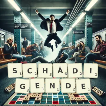 Kreative Illustration für ein Scrabble-Spiel, bei dem das Wort SCHÄDIGENDE mit Steinen auf dem Brett gelegt wurde.