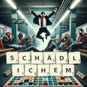 Kreative Illustration für ein Scrabble-Spiel, bei dem das Wort SCHÄDLICHEM mit Steinen auf dem Brett gelegt wurde.