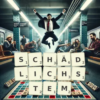 Kreative Illustration für ein Scrabble-Spiel, bei dem das Wort SCHÄDLICHSTEM mit Steinen auf dem Brett gelegt wurde.