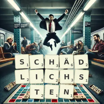 Kreative Illustration für ein Scrabble-Spiel, bei dem das Wort SCHÄDLICHSTEN mit Steinen auf dem Brett gelegt wurde.