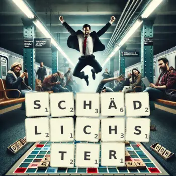 Kreative Illustration für ein Scrabble-Spiel, bei dem das Wort SCHÄDLICHSTER mit Steinen auf dem Brett gelegt wurde.