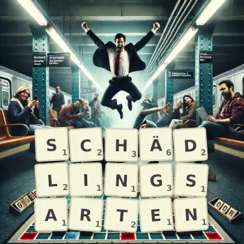 Kreative Illustration für ein Scrabble-Spiel, bei dem das Wort SCHÄDLINGSARTEN mit Steinen auf dem Brett gelegt wurde.