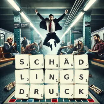 Kreative Illustration für ein Scrabble-Spiel, bei dem das Wort SCHÄDLINGSDRUCK mit Steinen auf dem Brett gelegt wurde.