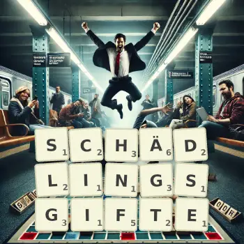 Kreative Illustration für ein Scrabble-Spiel, bei dem das Wort SCHÄDLINGSGIFTE mit Steinen auf dem Brett gelegt wurde.