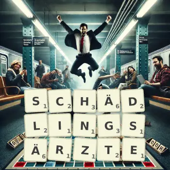Kreative Illustration für ein Scrabble-Spiel, bei dem das Wort SCHÄDLINGSÄRZTE mit Steinen auf dem Brett gelegt wurde.