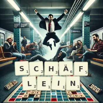 Kreative Illustration für ein Scrabble-Spiel, bei dem das Wort SCHÄFLEIN mit Steinen auf dem Brett gelegt wurde.
