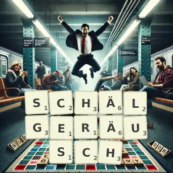 Kreative Illustration für ein Scrabble-Spiel, bei dem das Wort SCHÄLGERÄUSCH mit Steinen auf dem Brett gelegt wurde.