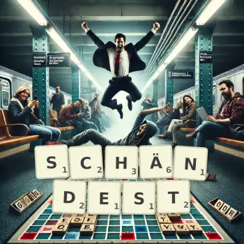 Kreative Illustration für ein Scrabble-Spiel, bei dem das Wort SCHÄNDEST mit Steinen auf dem Brett gelegt wurde.