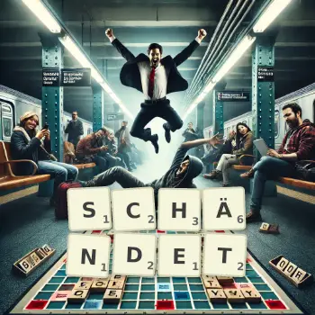 Kreative Illustration für ein Scrabble-Spiel, bei dem das Wort SCHÄNDET mit Steinen auf dem Brett gelegt wurde.