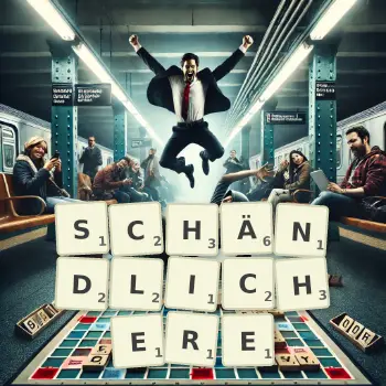 Kreative Illustration für ein Scrabble-Spiel, bei dem das Wort SCHÄNDLICHERE mit Steinen auf dem Brett gelegt wurde.