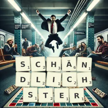 Kreative Illustration für ein Scrabble-Spiel, bei dem das Wort SCHÄNDLICHSTER mit Steinen auf dem Brett gelegt wurde.