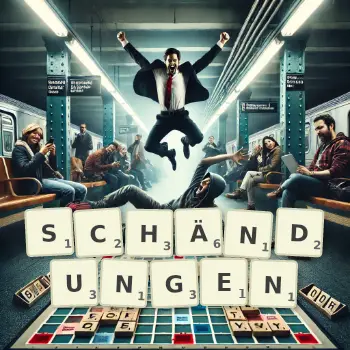 Kreative Illustration für ein Scrabble-Spiel, bei dem das Wort SCHÄNDUNGEN mit Steinen auf dem Brett gelegt wurde.