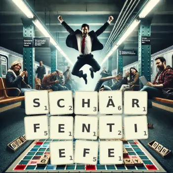 Kreative Illustration für ein Scrabble-Spiel, bei dem das Wort SCHÄRFENTIEFE mit Steinen auf dem Brett gelegt wurde.