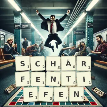 Kreative Illustration für ein Scrabble-Spiel, bei dem das Wort SCHÄRFENTIEFEN mit Steinen auf dem Brett gelegt wurde.