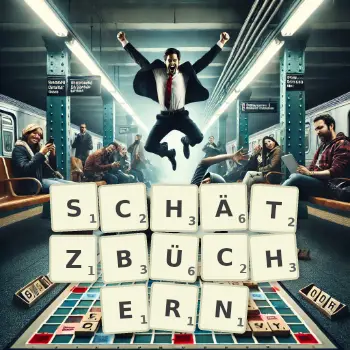 Kreative Illustration für ein Scrabble-Spiel, bei dem das Wort SCHÄTZBÜCHERN mit Steinen auf dem Brett gelegt wurde.