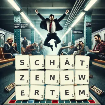 Kreative Illustration für ein Scrabble-Spiel, bei dem das Wort SCHÄTZENSWERTEM mit Steinen auf dem Brett gelegt wurde.