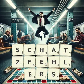 Kreative Illustration für ein Scrabble-Spiel, bei dem das Wort SCHÄTZFEHLERS mit Steinen auf dem Brett gelegt wurde.