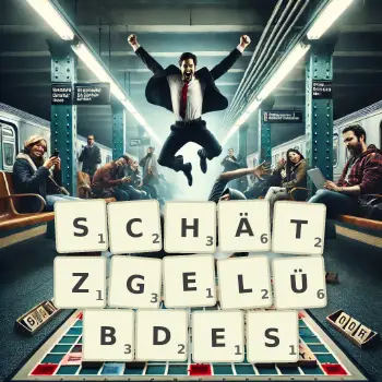 Kreative Illustration für ein Scrabble-Spiel, bei dem das Wort SCHÄTZGELÜBDES mit Steinen auf dem Brett gelegt wurde.