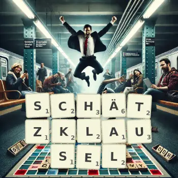 Kreative Illustration für ein Scrabble-Spiel, bei dem das Wort SCHÄTZKLAUSEL mit Steinen auf dem Brett gelegt wurde.