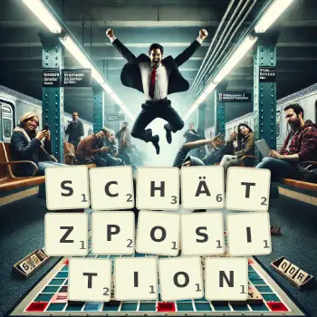 Kreative Illustration für ein Scrabble-Spiel, bei dem das Wort SCHÄTZPOSITION mit Steinen auf dem Brett gelegt wurde.