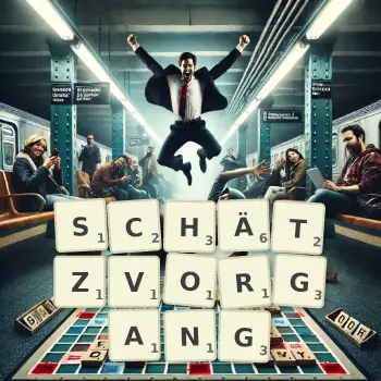 Kreative Illustration für ein Scrabble-Spiel, bei dem das Wort SCHÄTZVORGANG mit Steinen auf dem Brett gelegt wurde.