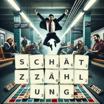 Kreative Illustration für ein Scrabble-Spiel, bei dem das Wort SCHÄTZZÄHLUNG mit Steinen auf dem Brett gelegt wurde.