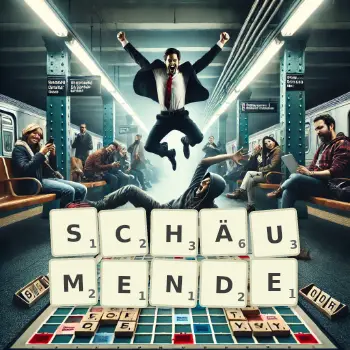 Kreative Illustration für ein Scrabble-Spiel, bei dem das Wort SCHÄUMENDE mit Steinen auf dem Brett gelegt wurde.