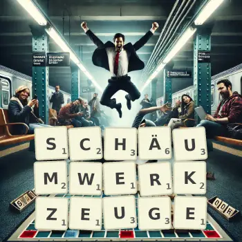 Kreative Illustration für ein Scrabble-Spiel, bei dem das Wort SCHÄUMWERKZEUGE mit Steinen auf dem Brett gelegt wurde.
