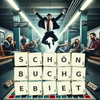 Kreative Illustration für ein Scrabble-Spiel, bei dem das Wort SCHÖNBUCHGEBIET mit Steinen auf dem Brett gelegt wurde.