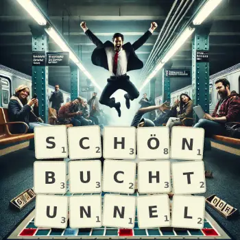 Kreative Illustration für ein Scrabble-Spiel, bei dem das Wort SCHÖNBUCHTUNNEL mit Steinen auf dem Brett gelegt wurde.