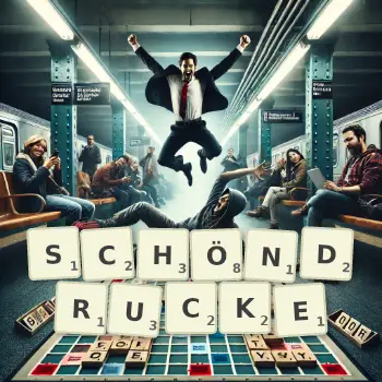Kreative Illustration für ein Scrabble-Spiel, bei dem das Wort SCHÖNDRUCKE mit Steinen auf dem Brett gelegt wurde.