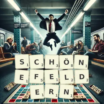Kreative Illustration für ein Scrabble-Spiel, bei dem das Wort SCHÖNEFELDERN mit Steinen auf dem Brett gelegt wurde.