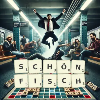 Kreative Illustration für ein Scrabble-Spiel, bei dem das Wort SCHÖNFISCH mit Steinen auf dem Brett gelegt wurde.