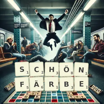 Kreative Illustration für ein Scrabble-Spiel, bei dem das Wort SCHÖNFÄRBE mit Steinen auf dem Brett gelegt wurde.