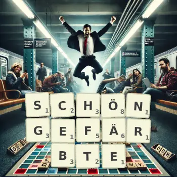 Kreative Illustration für ein Scrabble-Spiel, bei dem das Wort SCHÖNGEFÄRBTE mit Steinen auf dem Brett gelegt wurde.