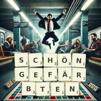 Kreative Illustration für ein Scrabble-Spiel, bei dem das Wort SCHÖNGEFÄRBTEN mit Steinen auf dem Brett gelegt wurde.