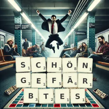 Kreative Illustration für ein Scrabble-Spiel, bei dem das Wort SCHÖNGEFÄRBTES mit Steinen auf dem Brett gelegt wurde.