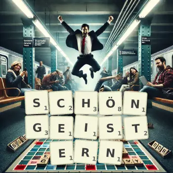 Kreative Illustration für ein Scrabble-Spiel, bei dem das Wort SCHÖNGEISTERN mit Steinen auf dem Brett gelegt wurde.