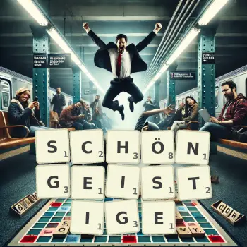 Kreative Illustration für ein Scrabble-Spiel, bei dem das Wort SCHÖNGEISTIGE mit Steinen auf dem Brett gelegt wurde.