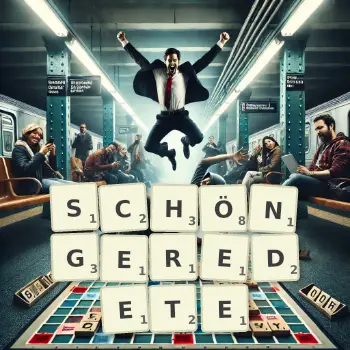 Kreative Illustration für ein Scrabble-Spiel, bei dem das Wort SCHÖNGEREDETE mit Steinen auf dem Brett gelegt wurde.