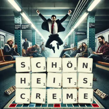 Kreative Illustration für ein Scrabble-Spiel, bei dem das Wort SCHÖNHEITSCREME mit Steinen auf dem Brett gelegt wurde.