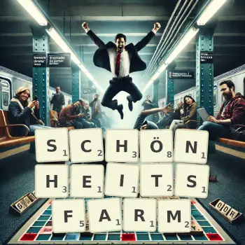 Kreative Illustration für ein Scrabble-Spiel, bei dem das Wort SCHÖNHEITSFARM mit Steinen auf dem Brett gelegt wurde.