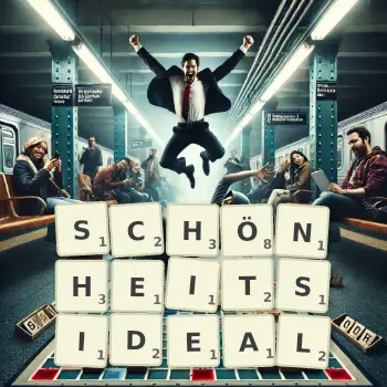 Kreative Illustration für ein Scrabble-Spiel, bei dem das Wort SCHÖNHEITSIDEAL mit Steinen auf dem Brett gelegt wurde.