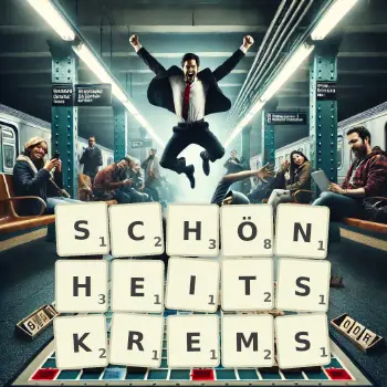 Kreative Illustration für ein Scrabble-Spiel, bei dem das Wort SCHÖNHEITSKREMS mit Steinen auf dem Brett gelegt wurde.