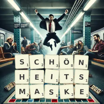 Kreative Illustration für ein Scrabble-Spiel, bei dem das Wort SCHÖNHEITSMASKE mit Steinen auf dem Brett gelegt wurde.