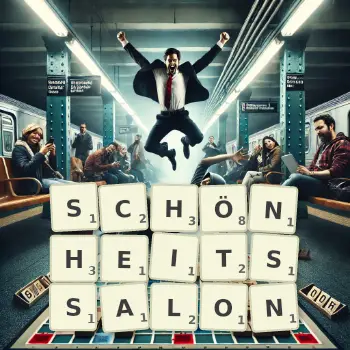 Kreative Illustration für ein Scrabble-Spiel, bei dem das Wort SCHÖNHEITSSALON mit Steinen auf dem Brett gelegt wurde.