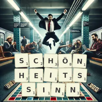 Kreative Illustration für ein Scrabble-Spiel, bei dem das Wort SCHÖNHEITSSINN mit Steinen auf dem Brett gelegt wurde.